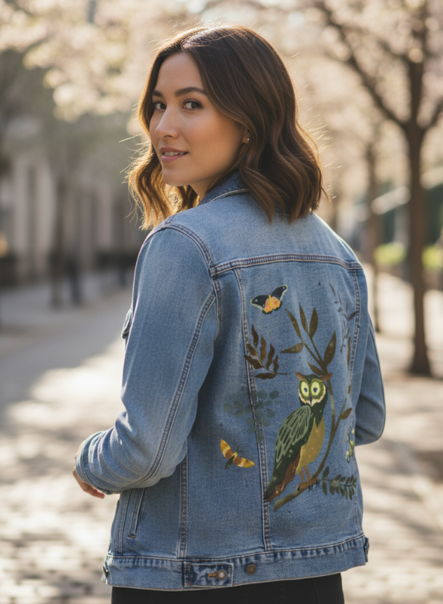 MOONLIT OWL by thearticsoul, digitally printed on DENIM products: throw pillows, aprons, table place mats, and hand-made Unisex Denim Jackets in 3 color choices