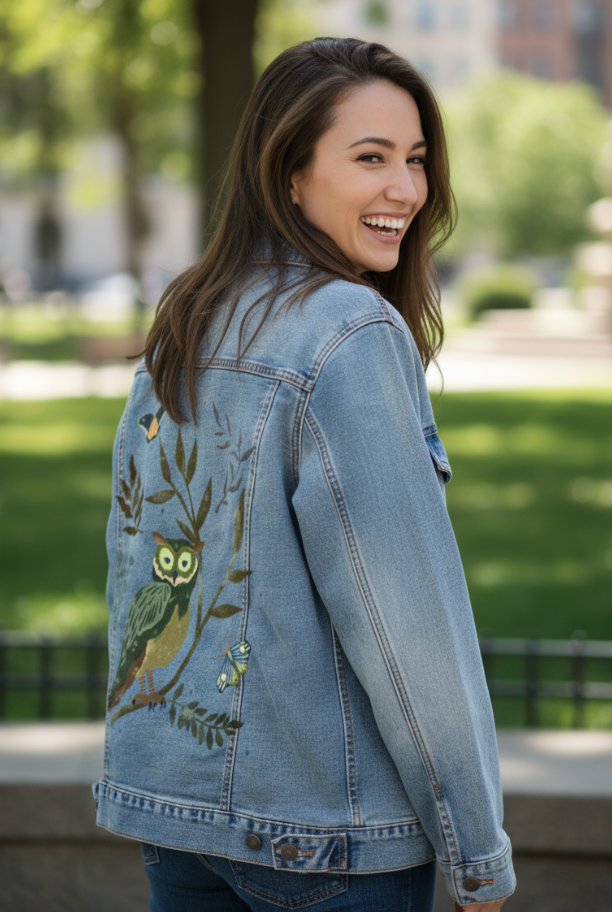 MOONLIT OWL by thearticsoul, digitally printed on DENIM products: throw pillows, aprons, table place mats, and hand-made Unisex Denim Jackets in 3 color choices