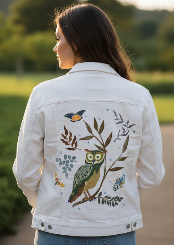MOONLIT OWL by thearticsoul, digitally printed on DENIM products: throw pillows, aprons, table place mats, and hand-made Unisex Denim Jackets in 3 color choices