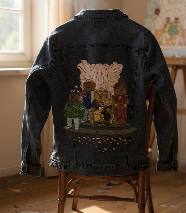 MOVING TO AMERICA, by THE NYGERIANS, digitally printed on DENIM products: throw pillows, aprons, table place mats, and hand-made Unisex Denim Jackets in 3 color choices