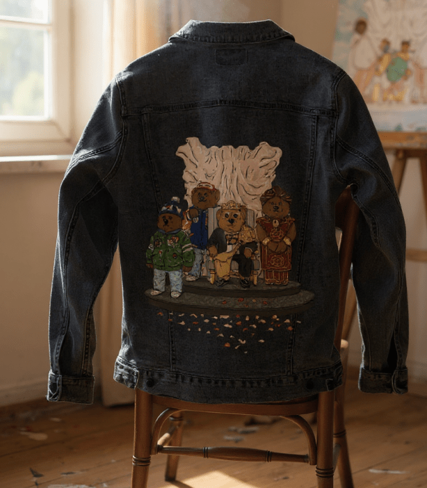 MOVING TO AMERICA, by THE NYGERIANS, digitally printed on DENIM products: throw pillows, aprons, table place mats, and hand - made Unisex Denim Jackets in 3 color choices custom denim jacket by DenimINK
