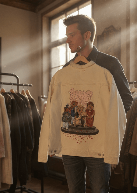 MOVING TO AMERICA, by THE NYGERIANS, digitally printed on DENIM products: throw pillows, aprons, table place mats, and hand - made Unisex Denim Jackets in 3 color choices custom denim jacket by DenimINK