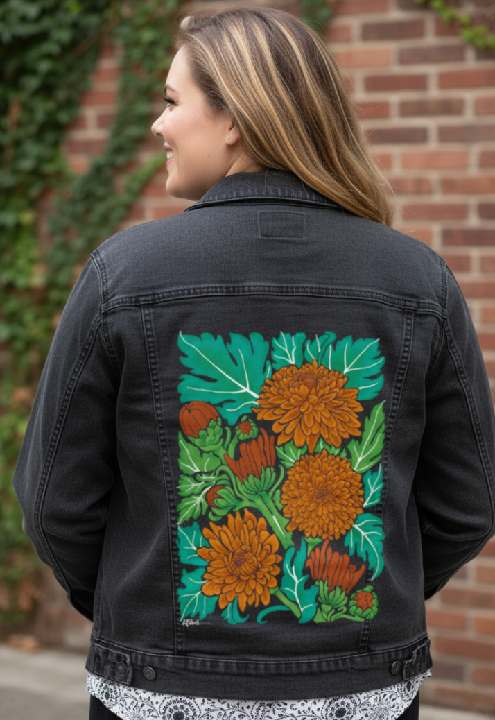 MUMS by KITSCH AND CURATE, digitally printed on a hand-made Unisex Denim Jacket