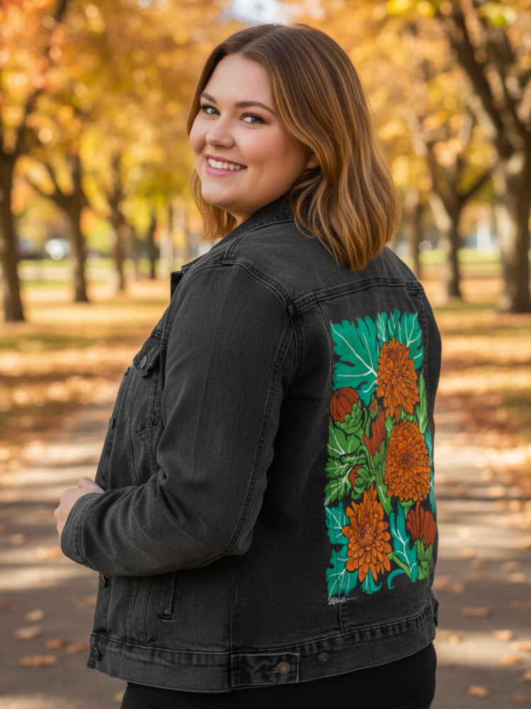 MUMS by KITSCH AND CURATE, digitally printed on a hand-made Unisex Denim Jacket