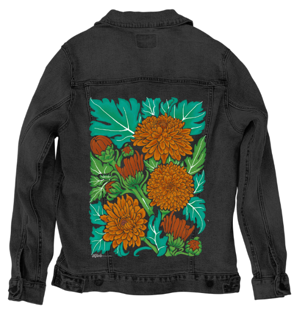 MUMS by KITSCH AND CURATE, digitally printed on a hand-made Unisex Denim Jacket