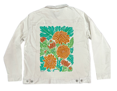 MUMS by KITSCH AND CURATE, digitally printed on a hand-made Unisex Denim Jacket