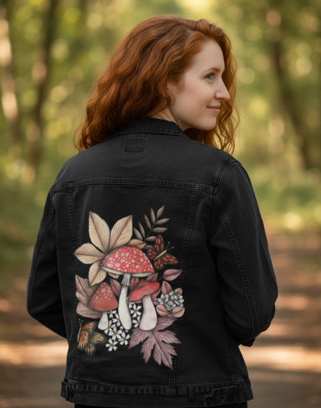 MUSHROOMS MAGIC 1 by CECILIA BATTAINI, digitally printed on DENIM products: throw pillows, aprons, table place mats, and hand-made Unisex Denim Jackets in 3 color choices