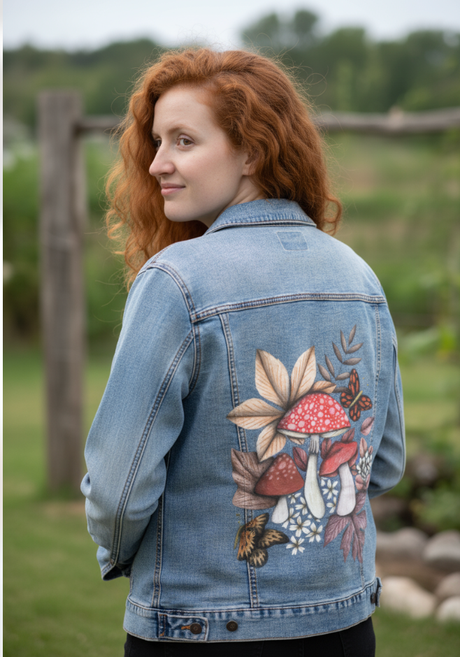 MUSHROOMS MAGIC 1 by CECILIA BATTAINI, digitally printed on DENIM products: throw pillows, aprons, table place mats, and hand-made Unisex Denim Jackets in 3 color choices