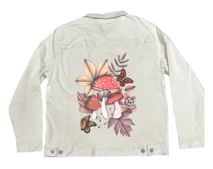 MUSHROOMS MAGIC 1 by CECILIA BATTAINI, digitally printed on DENIM products: throw pillows, aprons, table place mats, and hand-made Unisex Denim Jackets in 3 color choices