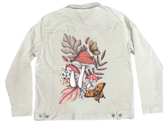 MUSHROOM MAGIC 2 by CECILIA BATTAINI, digitally printed on DENIM products: throw pillows, aprons, table place mats, and hand-made Unisex Denim Jackets in 3 color choices
