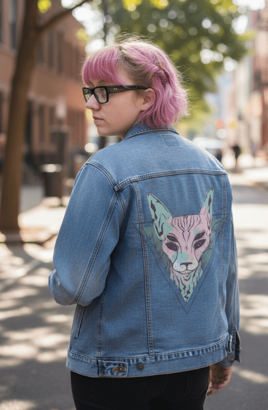 MYSTIC SPHINX by JESS ADAMS, digitally printed on DENIM products: throw pillows, aprons, table place mats, and hand-made Unisex Denim Jackets in 3 color choices MYSTIC SPHINX by JESS ADAMS, digitally printed on DENIM products: throw pillows, aprons, table place mats, and hand-made Unisex Denim Jackets in 3 color choices