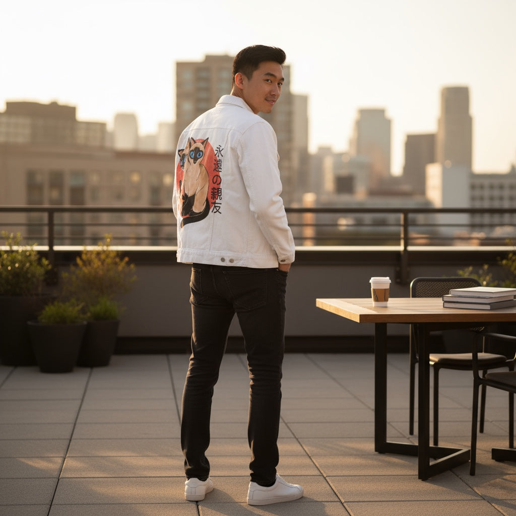 SIAMESE by PEPE RODRIGUEZ aka PPMID, digitally printed on DENIM products: throw pillows, aprons, table place mats, and hand-made Unisex Denim Jackets in 3 color choices