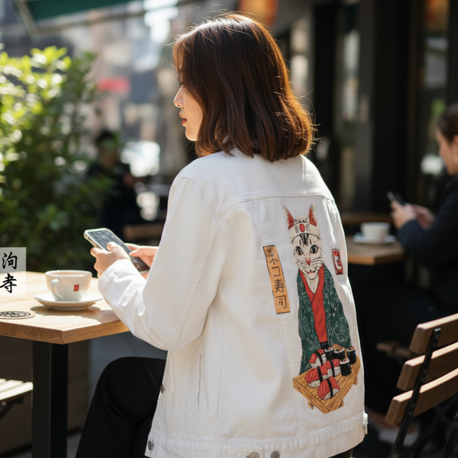 NEKO SUSHI BAR by VINCENT TRINIDAD, digitally printed on DENIM products: throw pillows, aprons, table place mats, and hand-made Unisex Denim Jackets in 3 color choices