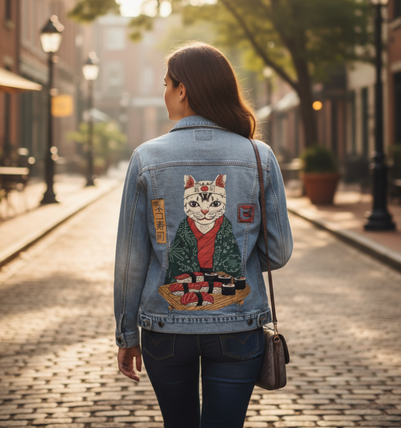 NEKO SUSHI BAR by VINCENT TRINIDAD, digitally printed on DENIM products: throw pillows, aprons, table place mats, and hand-made Unisex Denim Jackets in 3 color choices