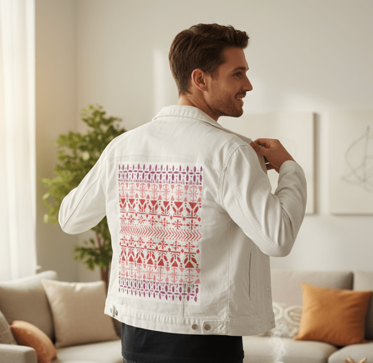 Printed Denim Jacket NORWEGIAN PATTERN by CatCoq, digitally printed on DENIM products: throw pillows, aprons, table place mats, and hand-made Unisex Denim Jackets in 3 color choices NORWEGIAN PATTERN by CatCoq, digitally printed on DENIM products: throw pillows, aprons, table place mats, and hand-made Unisex Denim Jackets in 3 color choices