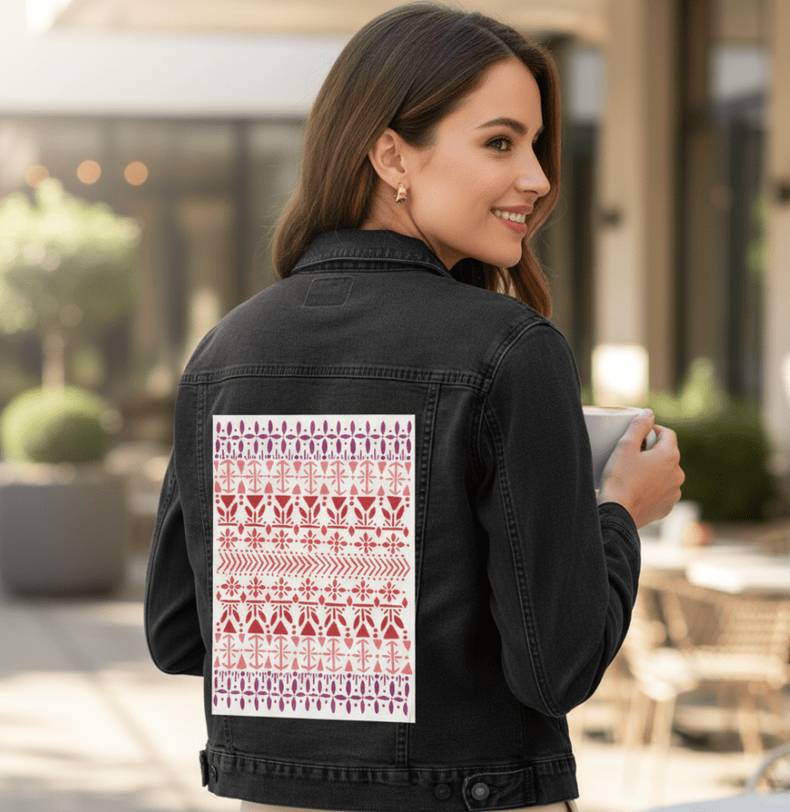 Printed Denim Jacket NORWEGIAN PATTERN by CatCoq, digitally printed on DENIM products: throw pillows, aprons, table place mats, and hand-made Unisex Denim Jackets in 3 color choices NORWEGIAN PATTERN by CatCoq, digitally printed on DENIM products: throw pillows, aprons, table place mats, and hand-made Unisex Denim Jackets in 3 color choices