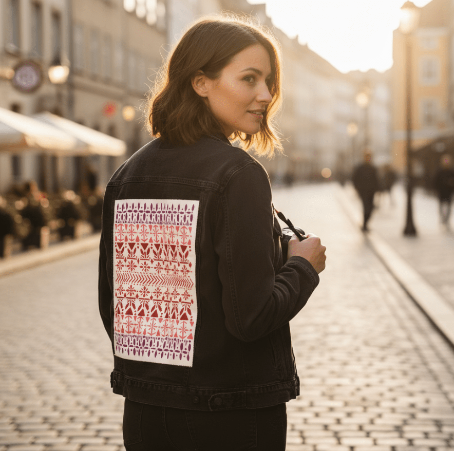 Printed Denim Jacket NORWEGIAN PATTERN by CatCoq, digitally printed on DENIM products: throw pillows, aprons, table place mats, and hand-made Unisex Denim Jackets in 3 color choices NORWEGIAN PATTERN by CatCoq, digitally printed on DENIM products: throw pillows, aprons, table place mats, and hand-made Unisex Denim Jackets in 3 color choices