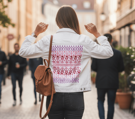 Printed Denim Jacket NORWEGIAN PATTERN by CatCoq, digitally printed on DENIM products: throw pillows, aprons, table place mats, and hand-made Unisex Denim Jackets in 3 color choices NORWEGIAN PATTERN by CatCoq, digitally printed on DENIM products: throw pillows, aprons, table place mats, and hand-made Unisex Denim Jackets in 3 color choices