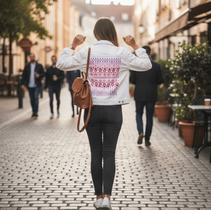 Printed Denim Jacket NORWEGIAN PATTERN by CatCoq, digitally printed on DENIM products: throw pillows, aprons, table place mats, and hand-made Unisex Denim Jackets in 3 color choices NORWEGIAN PATTERN by CatCoq, digitally printed on DENIM products: throw pillows, aprons, table place mats, and hand-made Unisex Denim Jackets in 3 color choices
