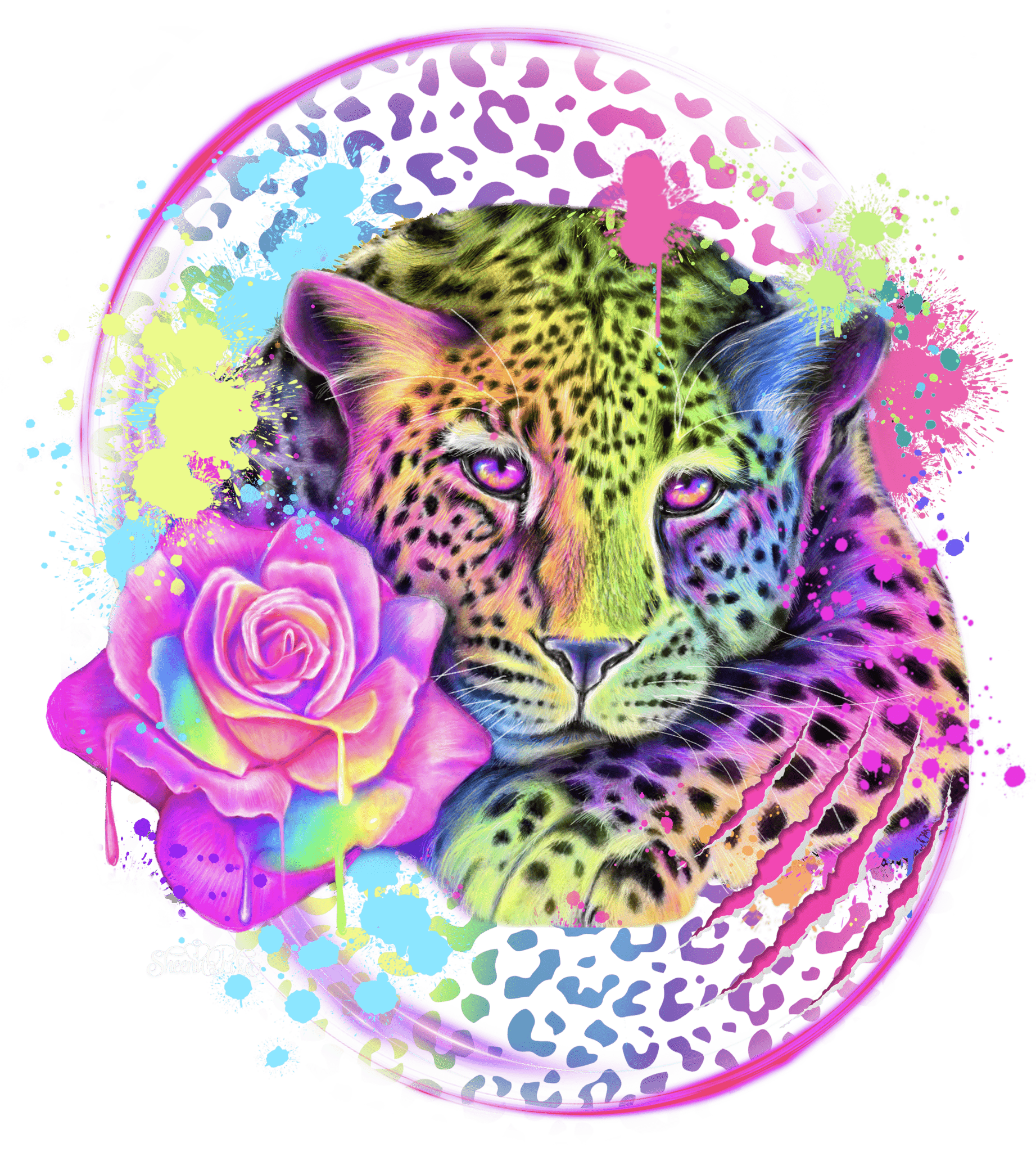 NEON RAINBOW LEOPARD2 by SHEENA PIKE, digitally printed on DENIM products: throw pillows, aprons, table place mats, and hand - made Unisex Denim Jackets in 3 color choices custom denim jacket by DenimINK