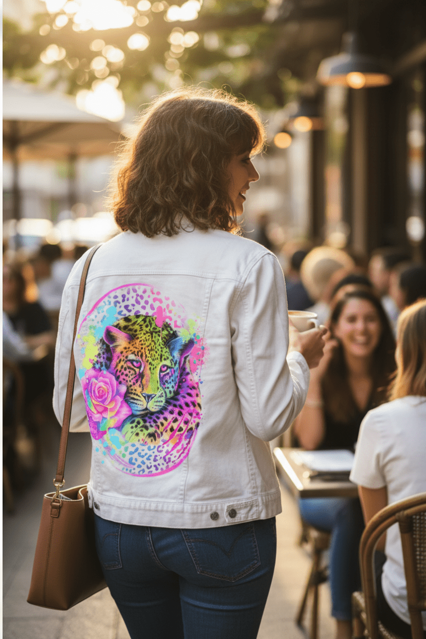 lady carrying a purse and wearing NEON RAINBOW LEOPARD2 by SHEENA PIKE, digitally printed on white denim jacket by DenimINK