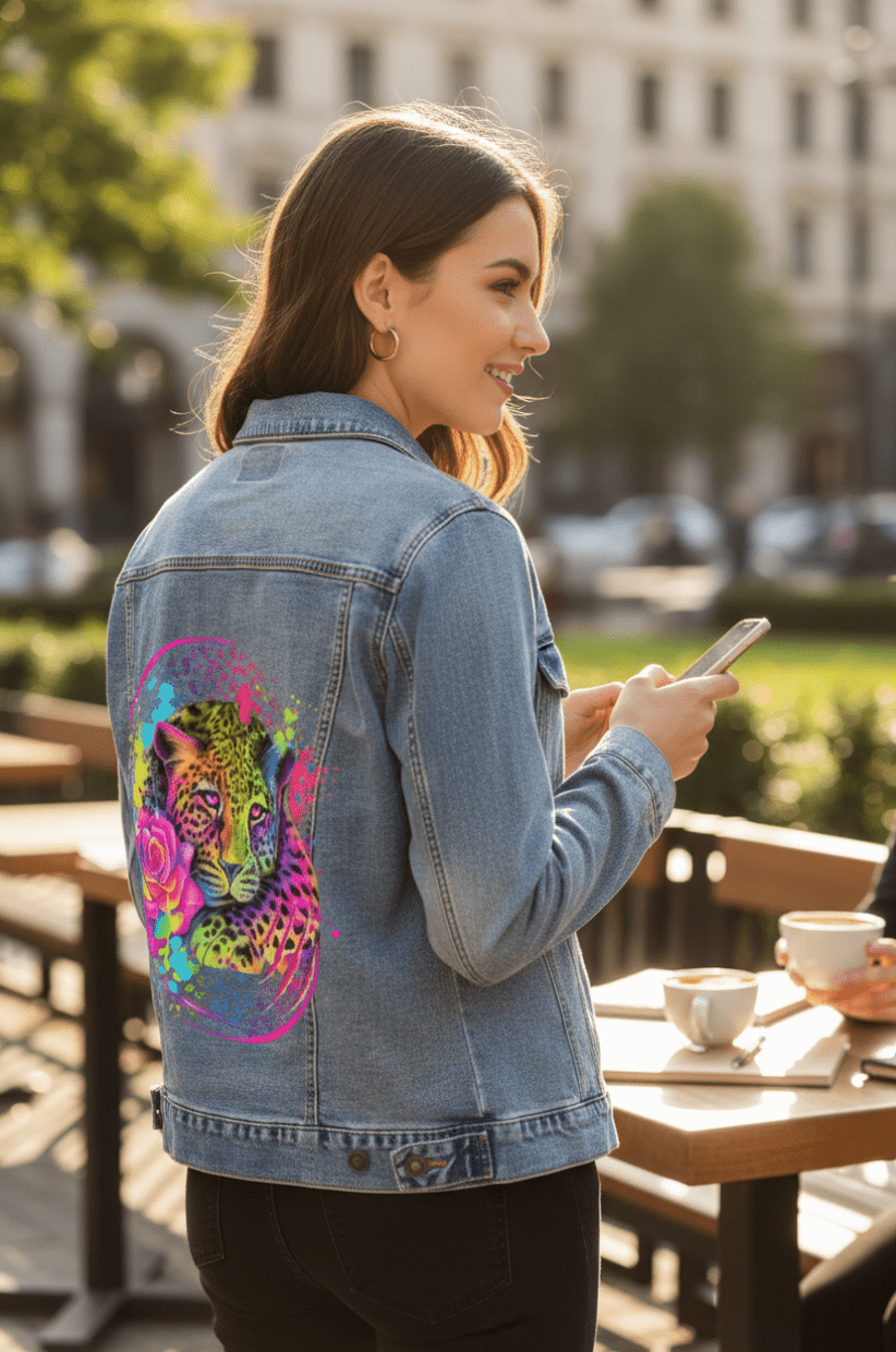 three-quarter view of NEON RAINBOW LEOPARD2 by SHEENA PIKE, digitally printed on stonewashed denim jacket by DenimINK