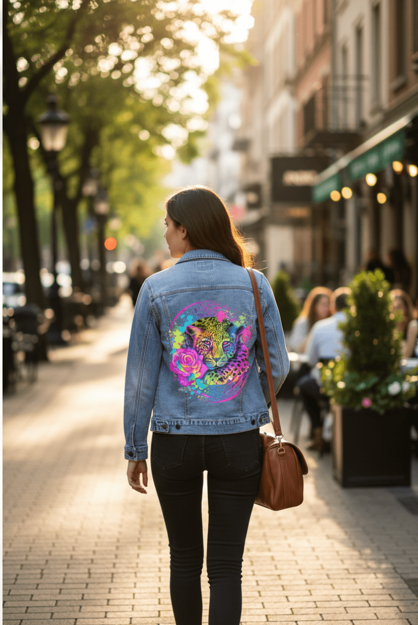 distant view of woman wearing NEON RAINBOW LEOPARD2 by SHEENA PIKE, digitally printed on stonewashed denim jacket by DenimINK