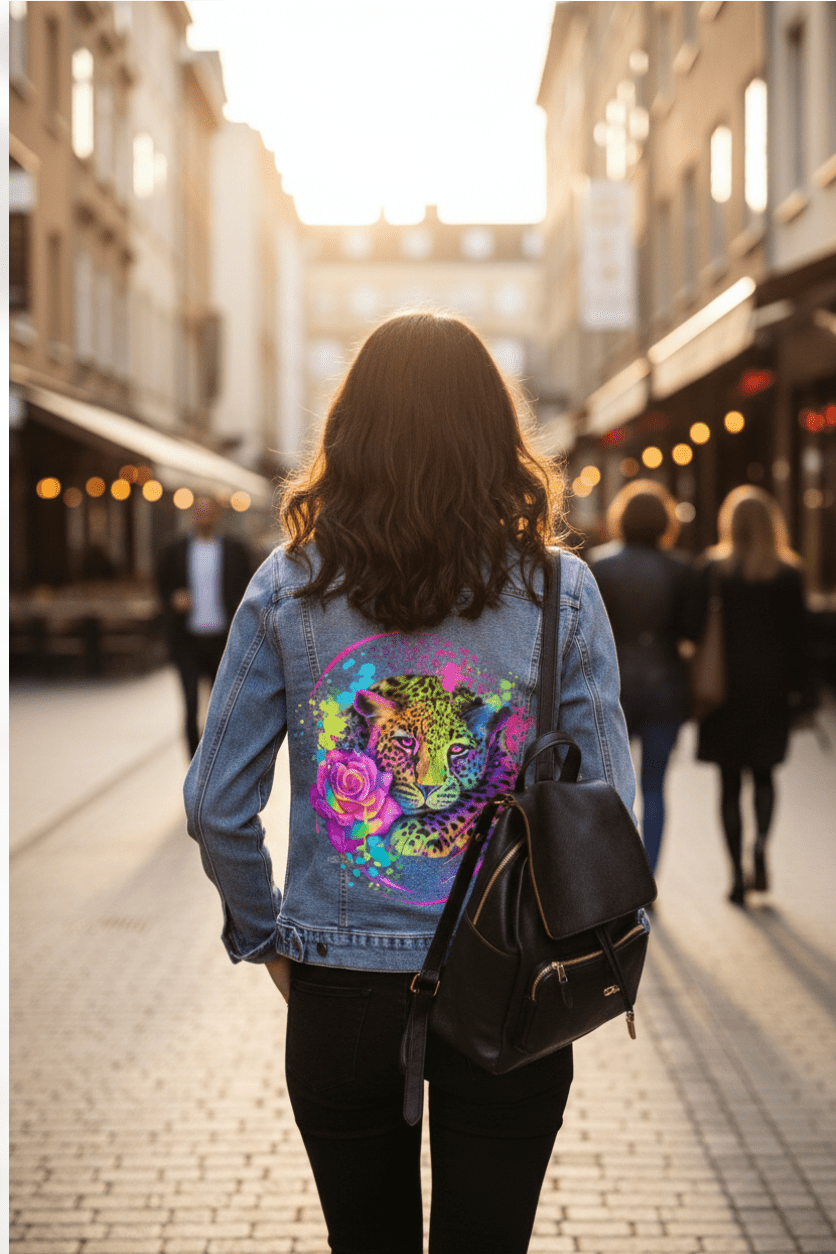 lady carrying a purse and wearing NEON RAINBOW LEOPARD2 by SHEENA PIKE, printed on stonewashed denim jacket by DenimINK