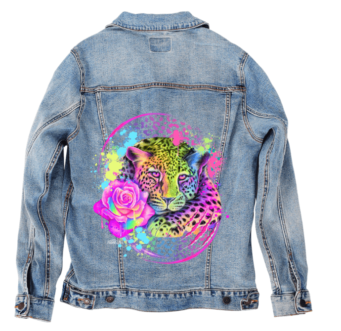 NEON RAINBOW LEOPARD2 by SHEENA PIKE, digitally printed on DENIM stonewashed jacket