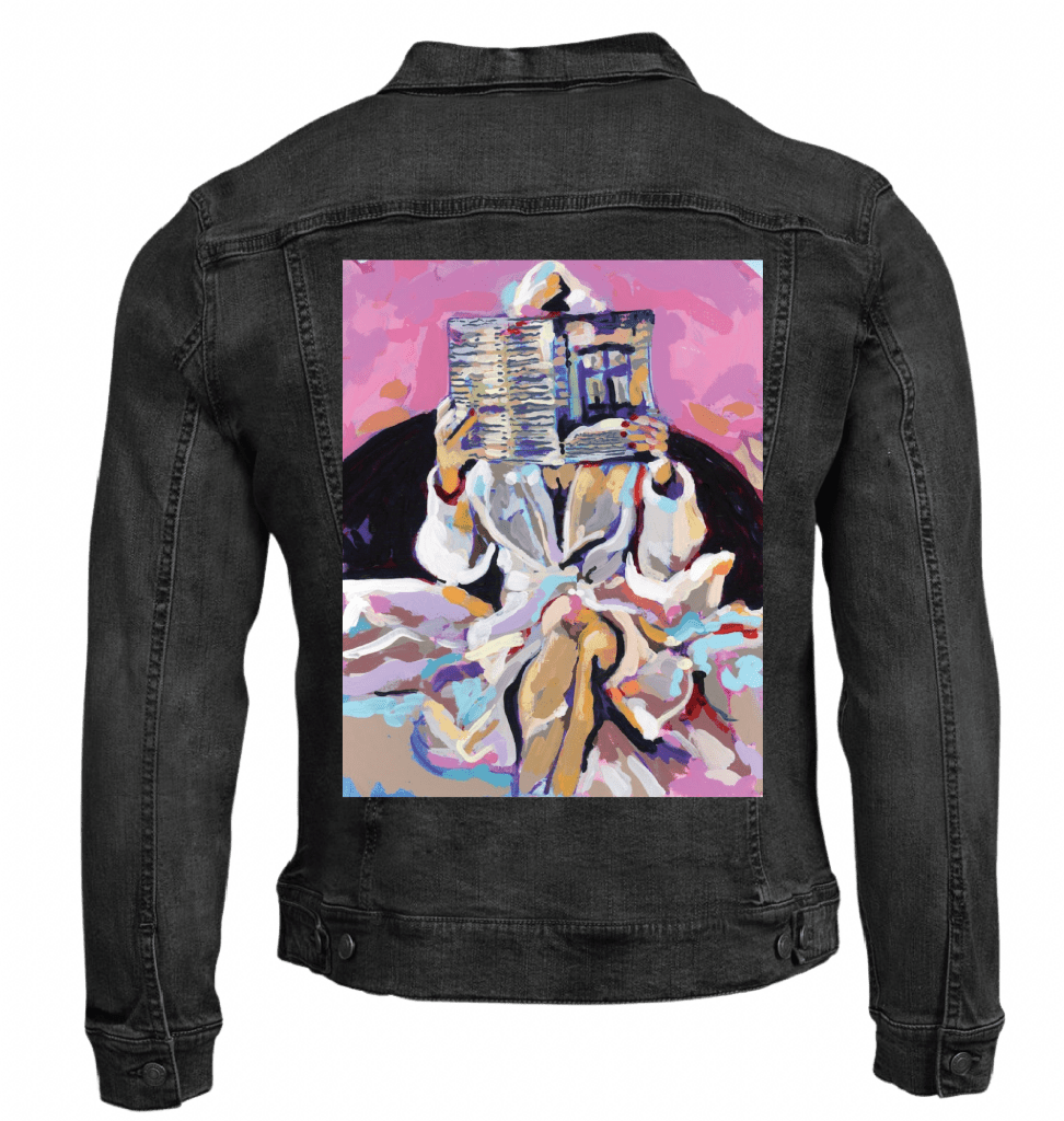 NEWSPAPAER ROBE by PAIGE FLOTTERUD custom denim jacket by DenimINK