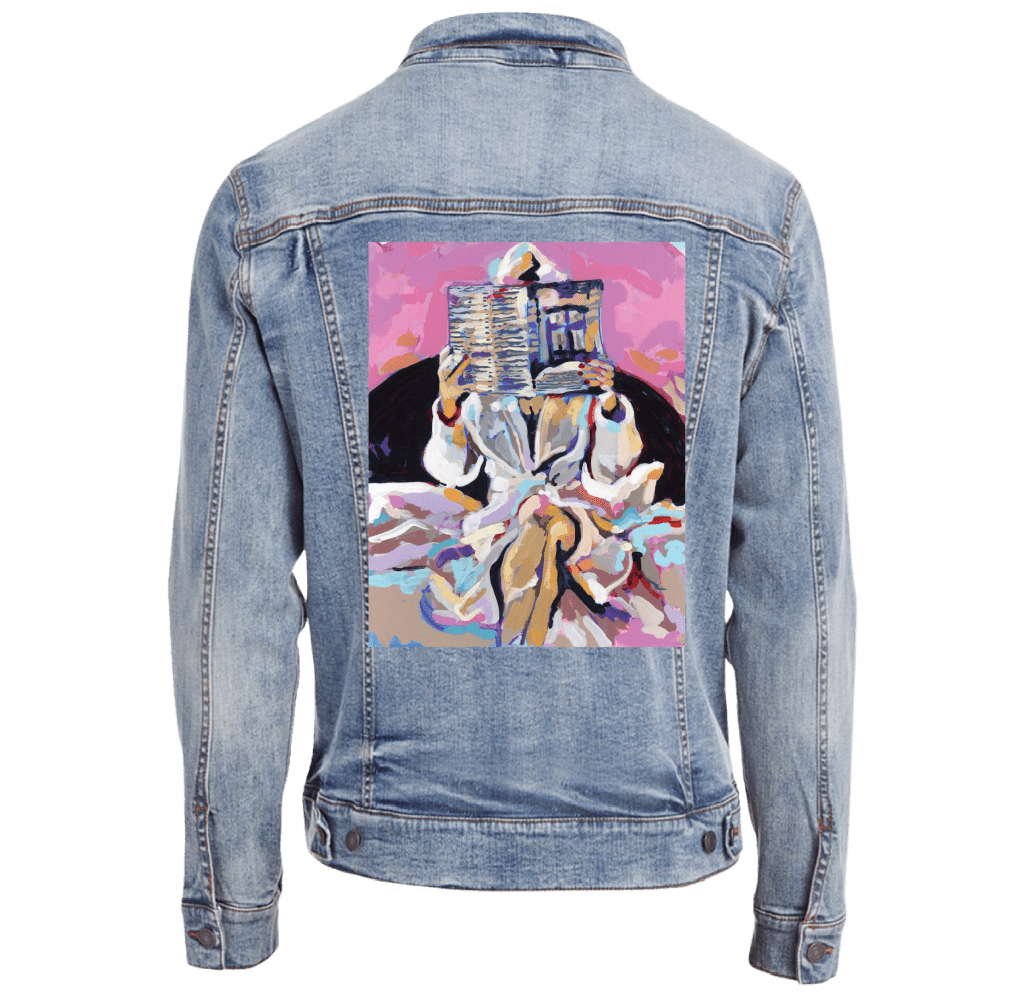 NEWSPAPAER ROBE by PAIGE FLOTTERUD custom denim jacket by DenimINK