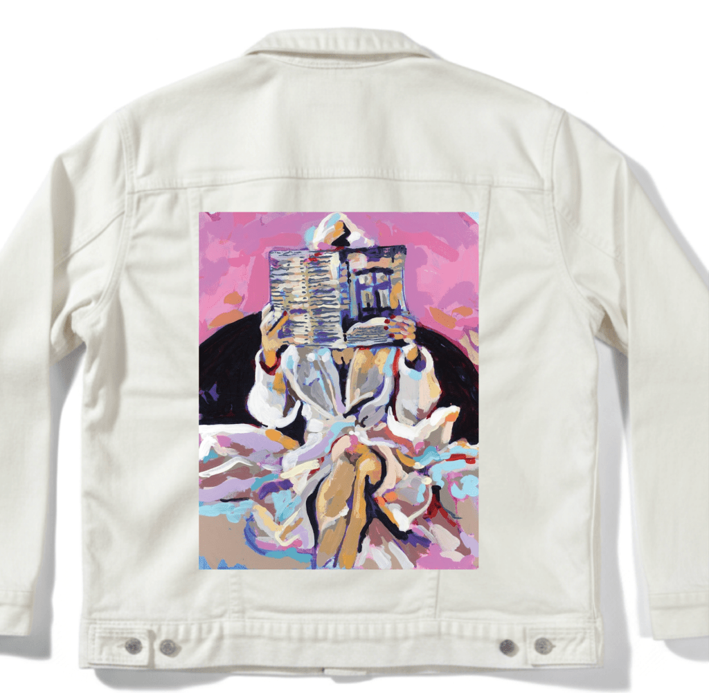 NEWSPAPAER ROBE by PAIGE FLOTTERUD custom denim jacket by DenimINK