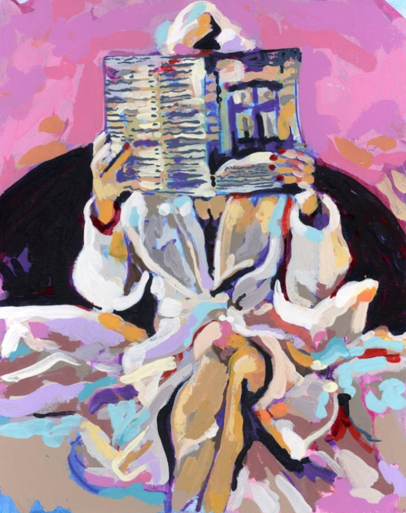 illustration of A seated figure wearing a voluminous robe, holding an open newspaper up to their face so their features are hidden. the newspaper is painted with loose gray, blue, and cream strokes suggesting columns of text and images. the robe is rendered in layered whites, creams, and soft grays with flowing folds. legs cross beneath the robe in warm tan tones. The background is filled with painterly pink, mauve, and peach brushstrokes. This artwork is titled “Newspaper Robe” and created by Paige Flotter