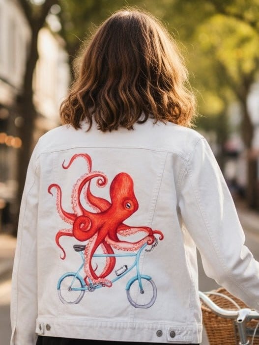 OCTOPUS RIDING A BICYCLE by AMELIA LEGAULT, digitally printed on DENIM products: throw pillows, aprons, table place mats, and hand-made Unisex Denim Jackets in 3 color choices OCTOPUS RIDING A BICYCLE by AMELIA LEGAULT, digitally printed on DENIM products: throw pillows, aprons, table place mats, and hand-made Unisex Denim Jackets in 3 color choices