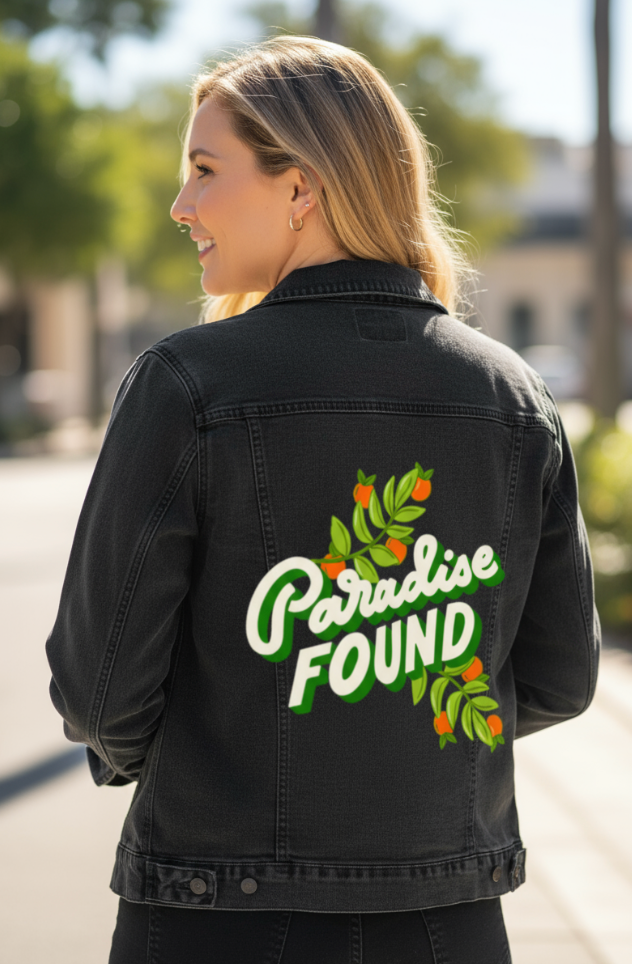 PARADISE FOUND by IndySign, digitally printed on DENIM products: throw pillows, aprons, table place mats, and hand-made Unisex Denim Jackets in 3 color choices