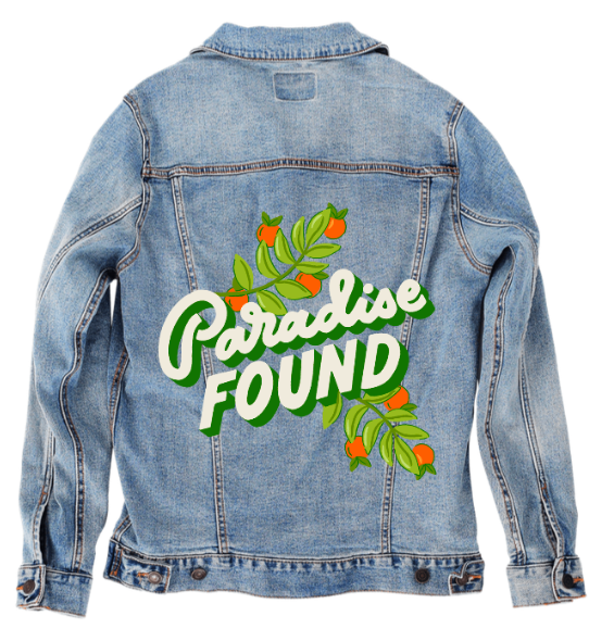 PARADISE FOUND by IndySign, digitally printed on DENIM products: throw pillows, aprons, table place mats, and hand-made Unisex Denim Jackets in 3 color choices