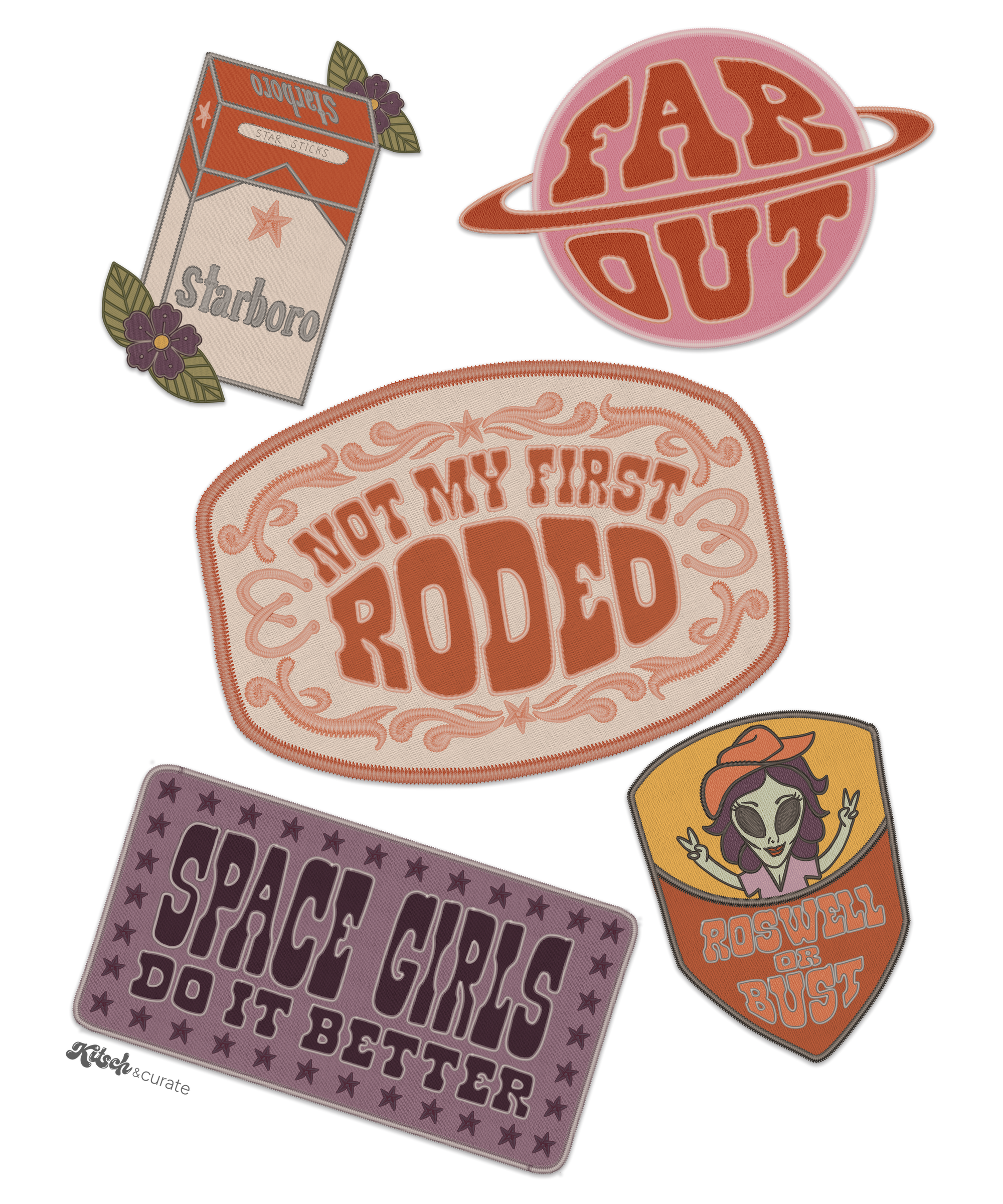 PATCHES ALL NoBG by KITSCH AND CURATE, digitally printed on DENIM products: throw pillows, aprons, table place mats, and hand-made Unisex Denim Jackets in 3 color choices