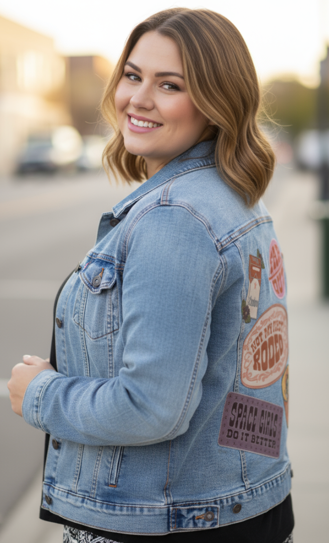 PATCHES ALL NoBG by KITSCH AND CURATE, digitally printed on DENIM products: throw pillows, aprons, table place mats, and hand-made Unisex Denim Jackets in 3 color choices