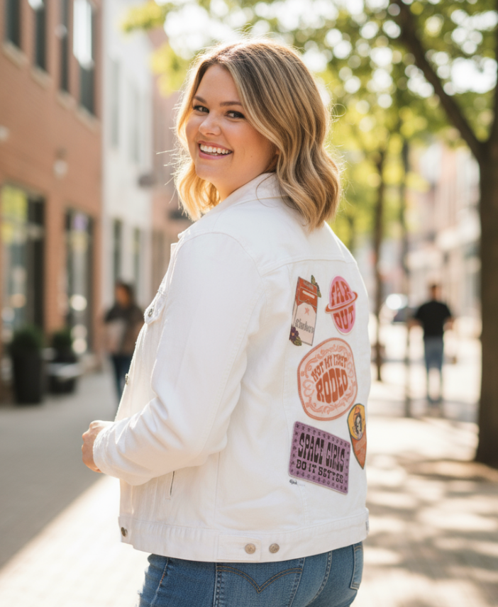 PATCHES ALL NoBG by KITSCH AND CURATE, digitally printed on a hand-made Unisex Denim Jacket