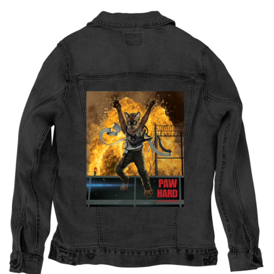 PAW HARD by VINCENT HIE, digitally printed on DENIM products: throw pillows, aprons, table place mats, and hand - made Unisex Denim Jackets in 3 color choices custom denim jacket by DenimINK