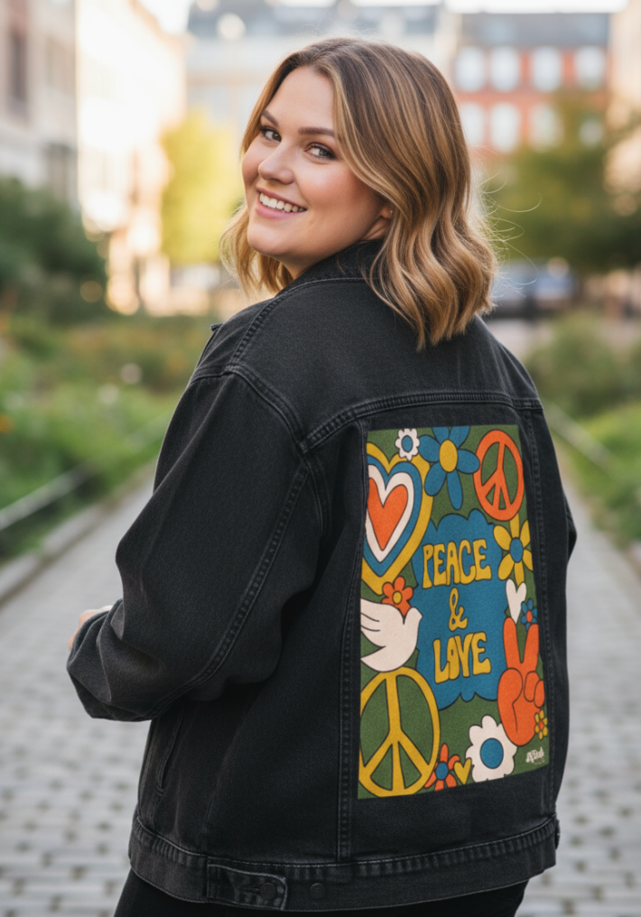 PEACE AND LOVE GREEN by KITSCH AND CURATE, digitally printed on DENIM products: throw pillows, aprons, table place mats, and hand-made Unisex Denim Jackets in 3 color choices