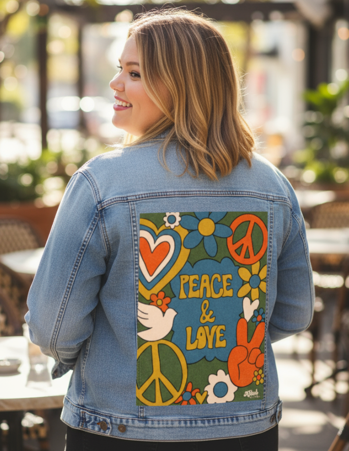 PEACE AND LOVE GREEN by KITSCH AND CURATE, digitally printed on DENIM products: throw pillows, aprons, table place mats, and hand-made Unisex Denim Jackets in 3 color choices