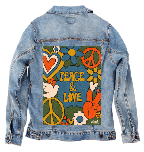 PEACE AND LOVE GREEN by KITSCH AND CURATE, digitally printed on DENIM products: throw pillows, aprons, table place mats, and hand-made Unisex Denim Jackets in 3 color choices