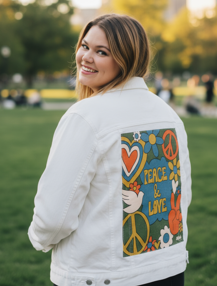 PEACE AND LOVE GREEN by KITSCH AND CURATE, digitally printed on DENIM products: throw pillows, aprons, table place mats, and hand-made Unisex Denim Jackets in 3 color choices