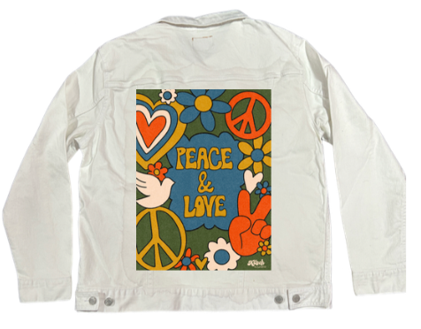 PEACE AND LOVE GREEN by KITSCH AND CURATE, digitally printed on DENIM products: throw pillows, aprons, table place mats, and hand-made Unisex Denim Jackets in 3 color choices