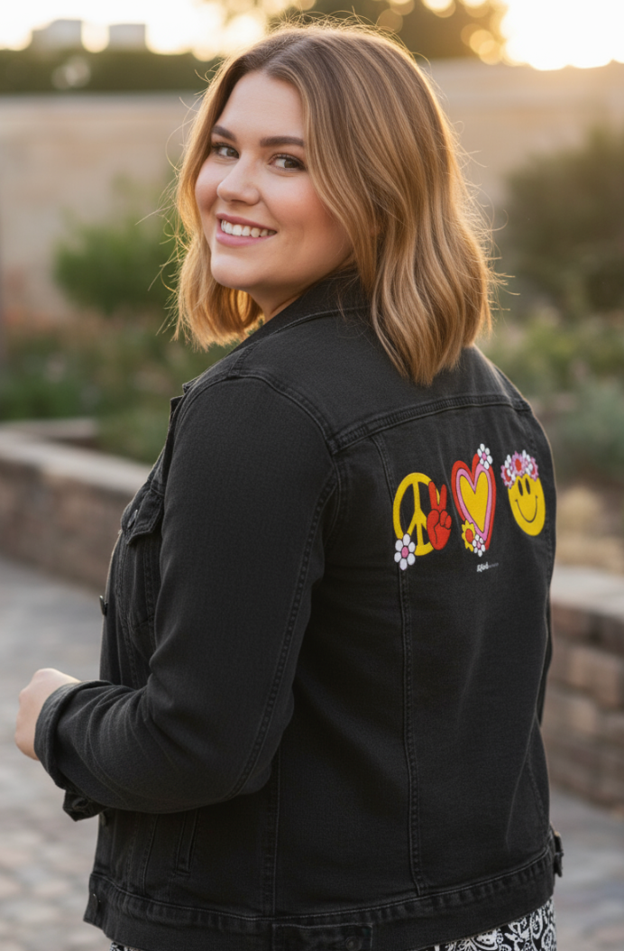 PEACE LOVE HAPPINESS by KITSCH AND CURATE, digitally printed on DENIM products: throw pillows, aprons, table place mats, and hand-made Unisex Denim Jackets in 3 color choices