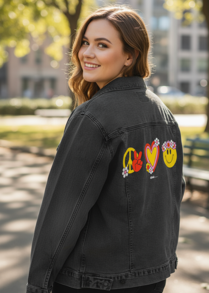PEACE LOVE HAPPINESS by KITSCH AND CURATE, digitally printed on DENIM products: throw pillows, aprons, table place mats, and hand-made Unisex Denim Jackets in 3 color choices