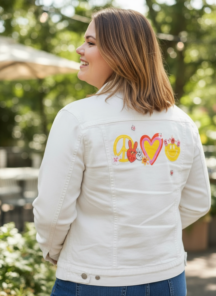 PEACE LOVE HAPPINESS by KITSCH AND CURATE, digitally printed on DENIM products: throw pillows, aprons, table place mats, and hand-made Unisex Denim Jackets in 3 color choices