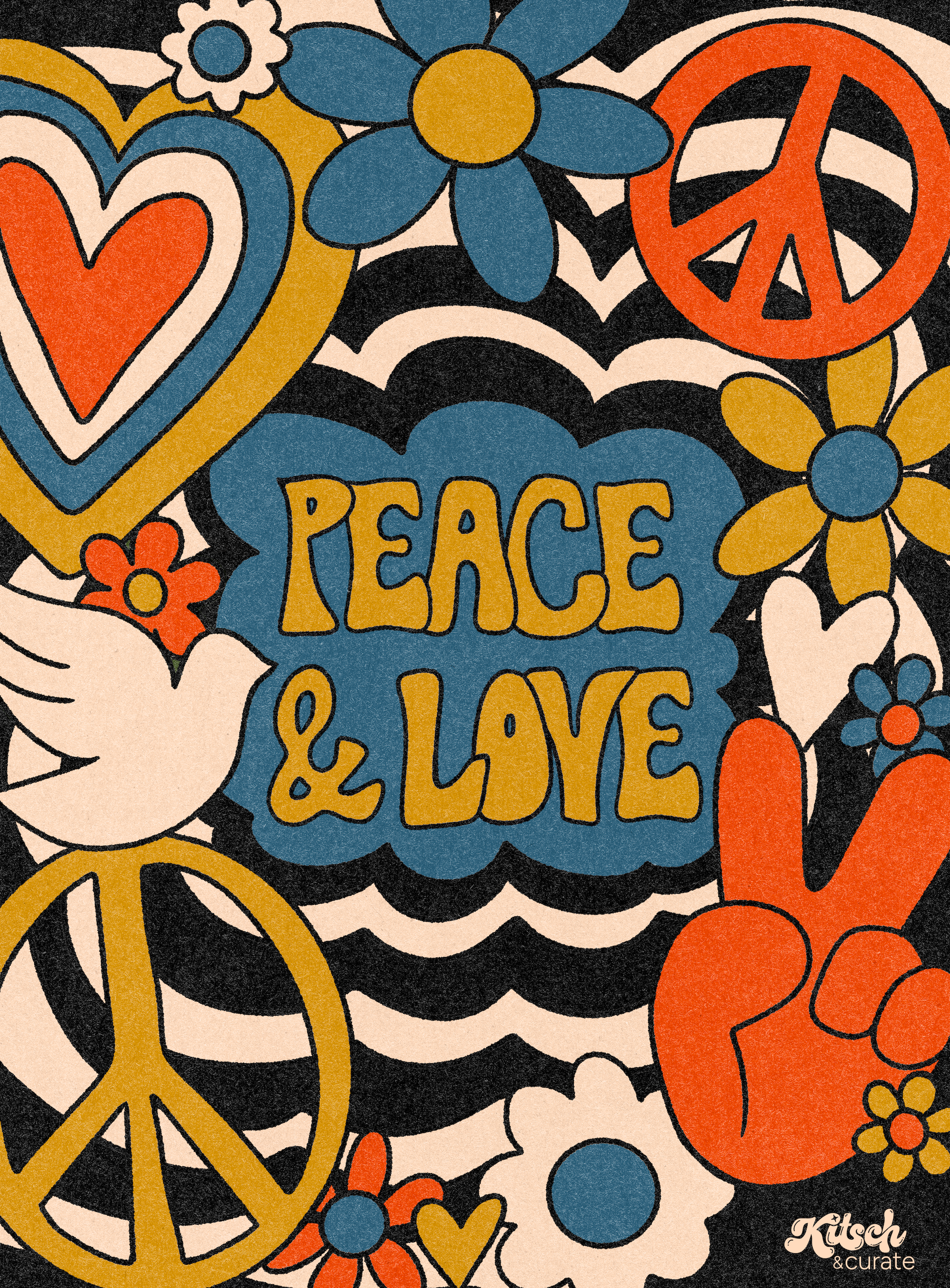 PEACE LOVE STRIPES by KITSCH AND CURATE, digitally printed on DENIM products: throw pillows, aprons, table place mats, and hand-made Unisex Denim Jackets in 3 color choices