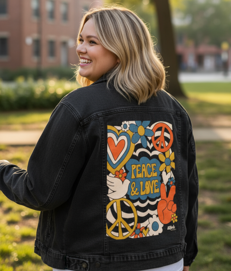 PEACE LOVE STRIPES by KITSCH AND CURATE, digitally printed on DENIM products: throw pillows, aprons, table place mats, and hand-made Unisex Denim Jackets in 3 color choices